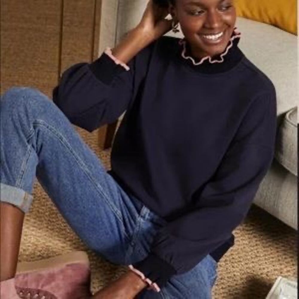 Boden Mock Neck Ruffle Navy Blue Sweatshirt Effortless Chic
